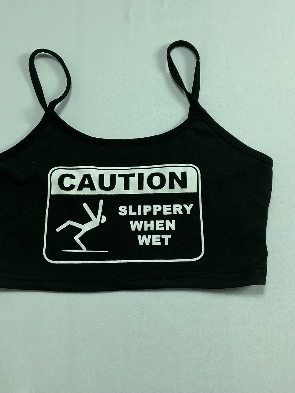 Black Graphic Cami Crop Top - "Caution Slippery When Wet" W396